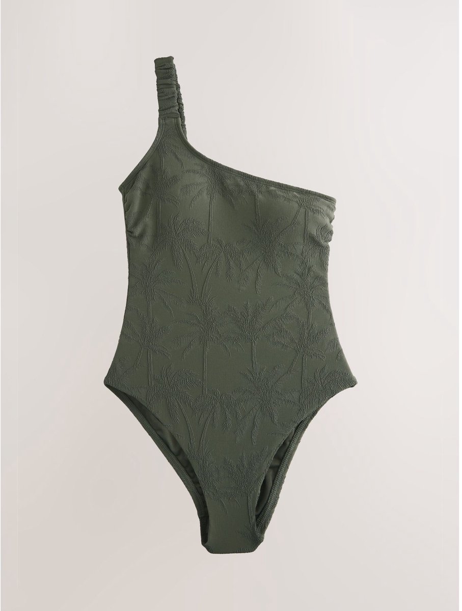 Next Dames - Buikcorrigerend badpak met één schouder en jacquard palmboomprint - Groen Khaki Green