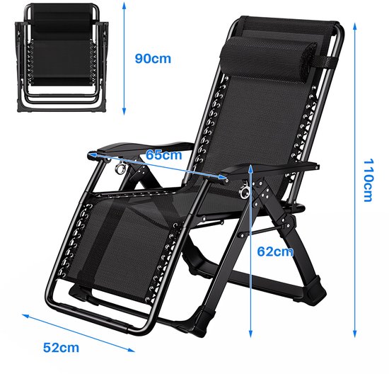 Jently tuinstoelen - tuinstoel - ligstoel voor buiten - opvouwbaar - met hoofdsteunkussen - bekerhouder - zwart/grijs van jently — afbeelding 4