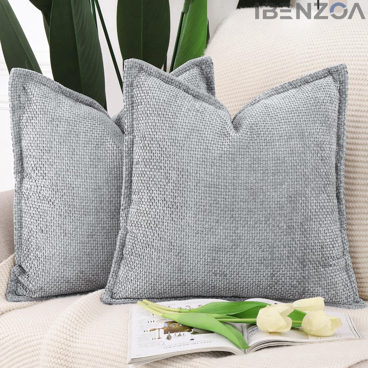 Ibenzoa Decoratieve Kussenslopen - Chenille - 50x50 cm - Grijs