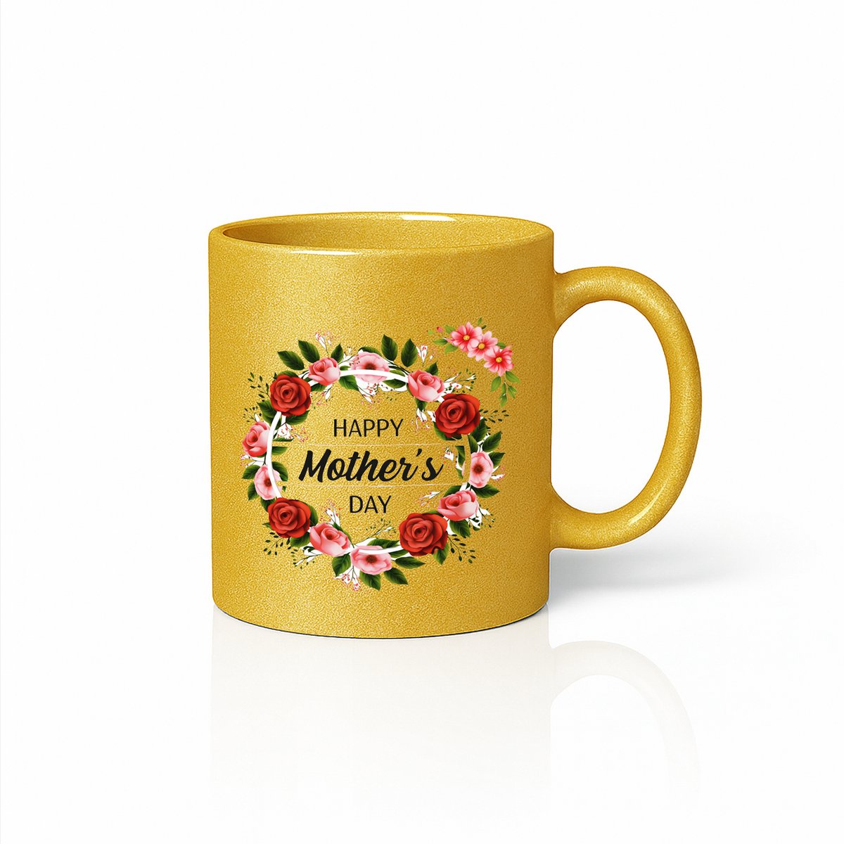 Luxe Gouden Moederdag Mok - Glanzend Goud - Rode Bloemenkrans Rozen - 330ml Uniek Cadeau