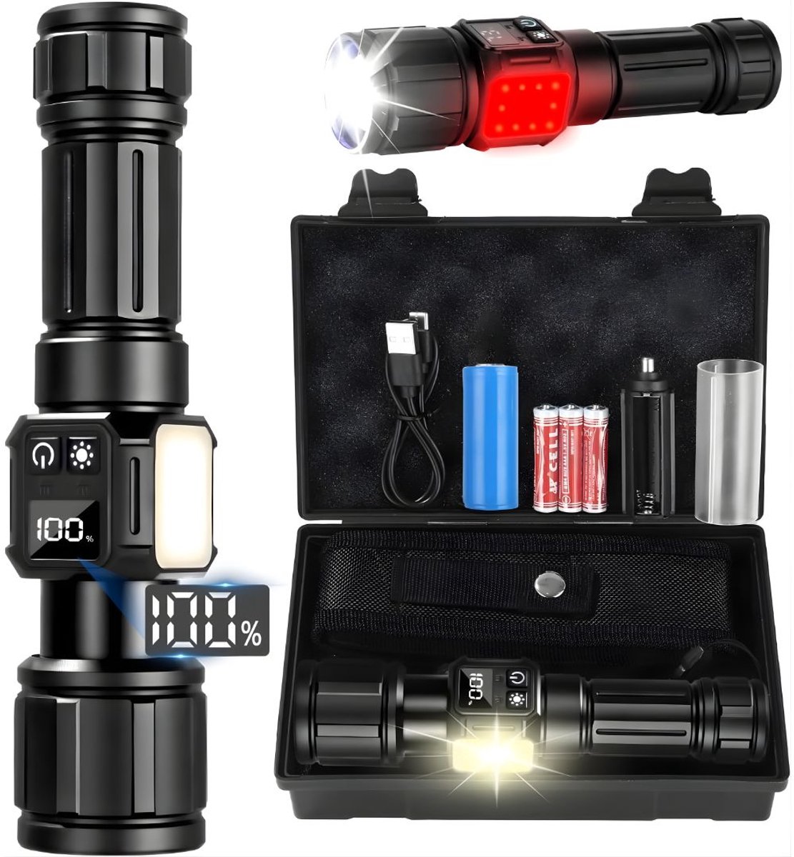 DnA® Zaklamp - Zaklamp Led Oplaadbaar - Zaklamp op Batterijen - Zaklamp Noodpakket - Zwart - 16cm x 5cm x 12cm