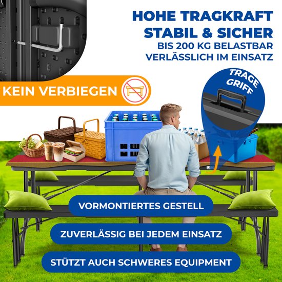 Klaptafel met een blauwe bierkrat, manden met eten en drinken. Man zit op de bank. Belastbaar tot 200 kg.