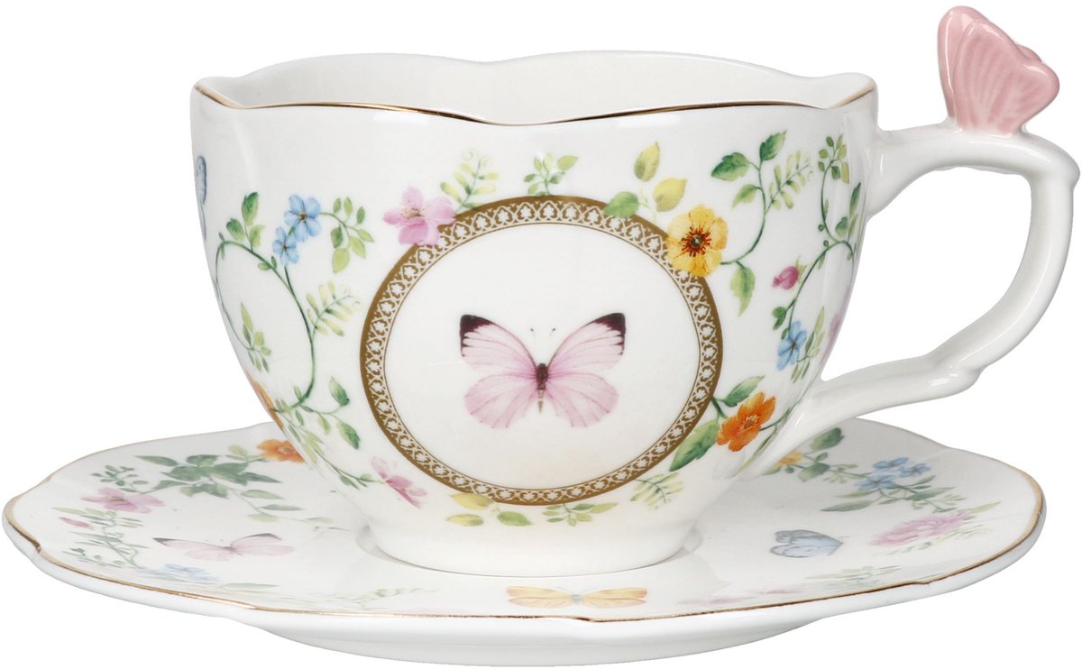 DANCING BUTTERFLIES Mok met schotel van porselein – R3124#DANB