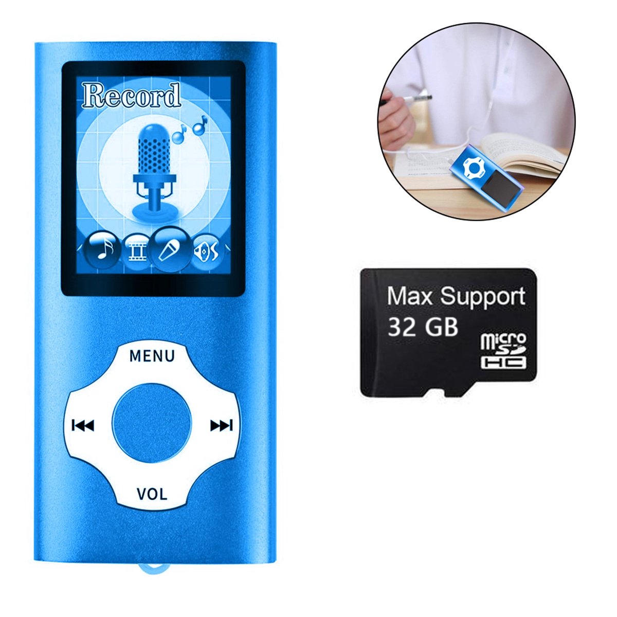 carmderin - MP3 / MP4 Speler - Bluetooth - USB - Shuffle - SD kaart tot 64GB - Voice recorder - Dictafoon - blauw