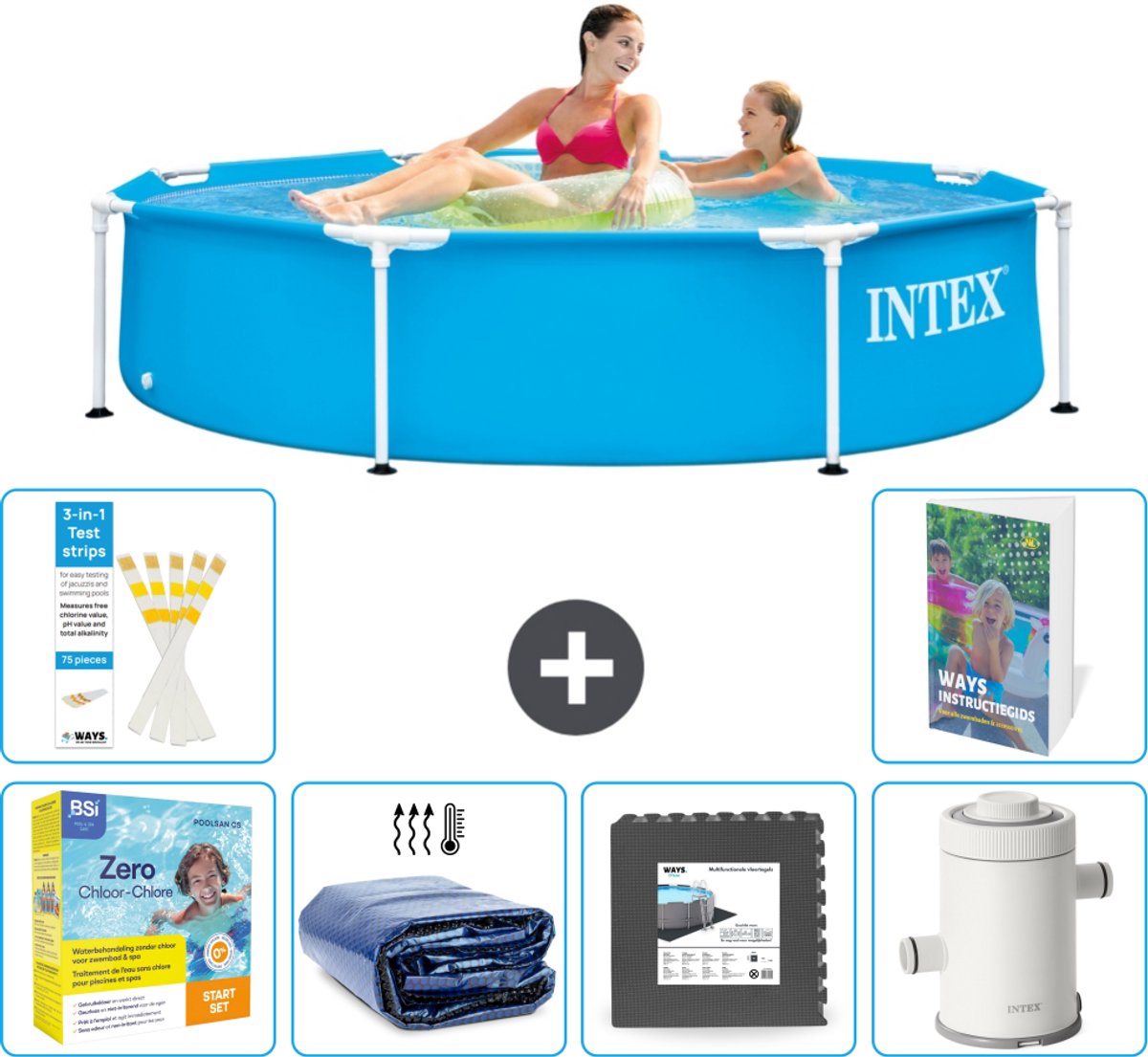 Intex Rond Frame Zwembad - 244 x 51 cm - Blauw - Inclusief Onderhoudspakket - Solarzeil - Vloertegels - Zwembadfilterpomp - 7-delig