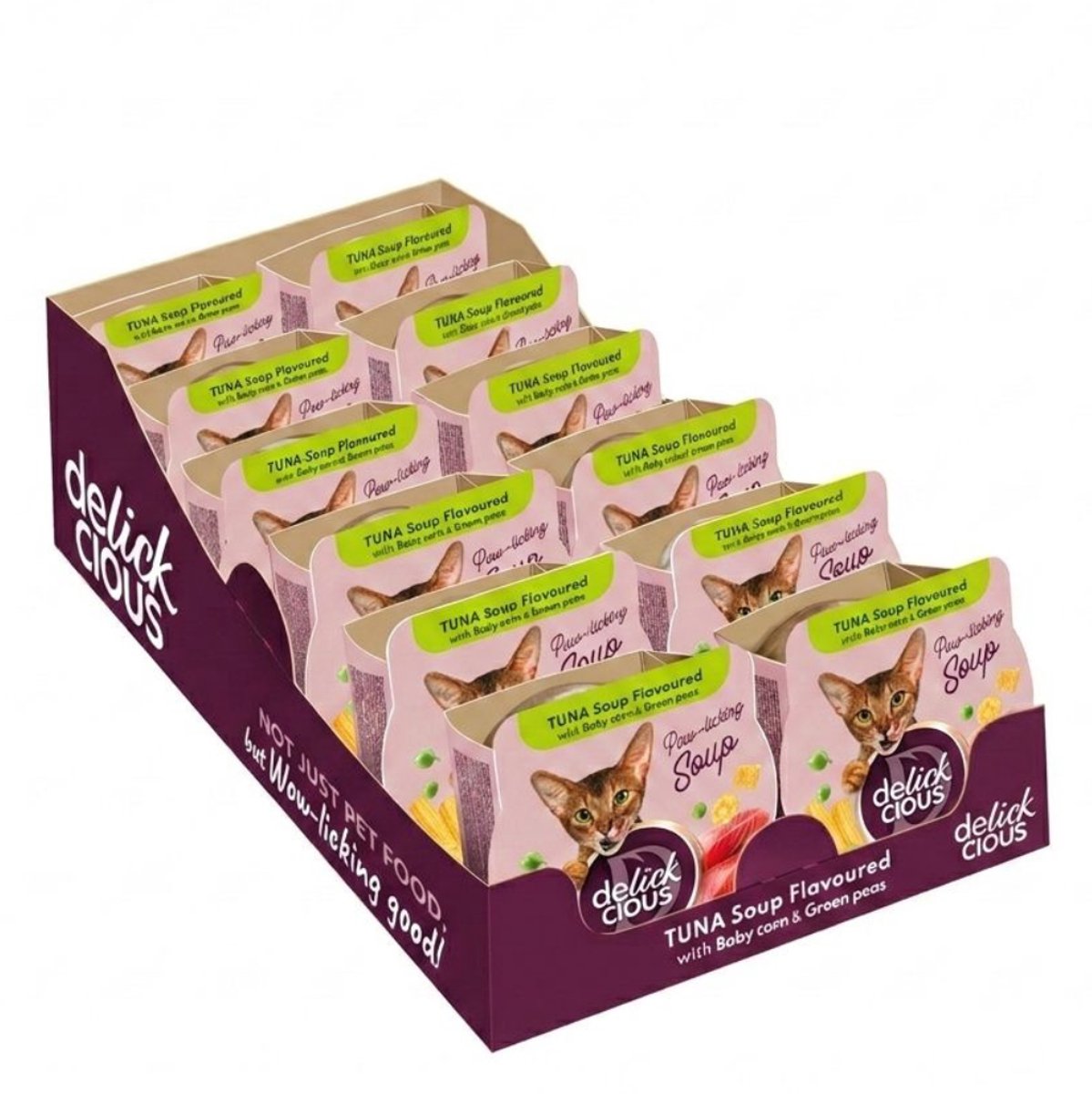 DELICKCIOUS volwassen katten natvoer tonijnsoep met babymaïs en groene erwten 12x 80g