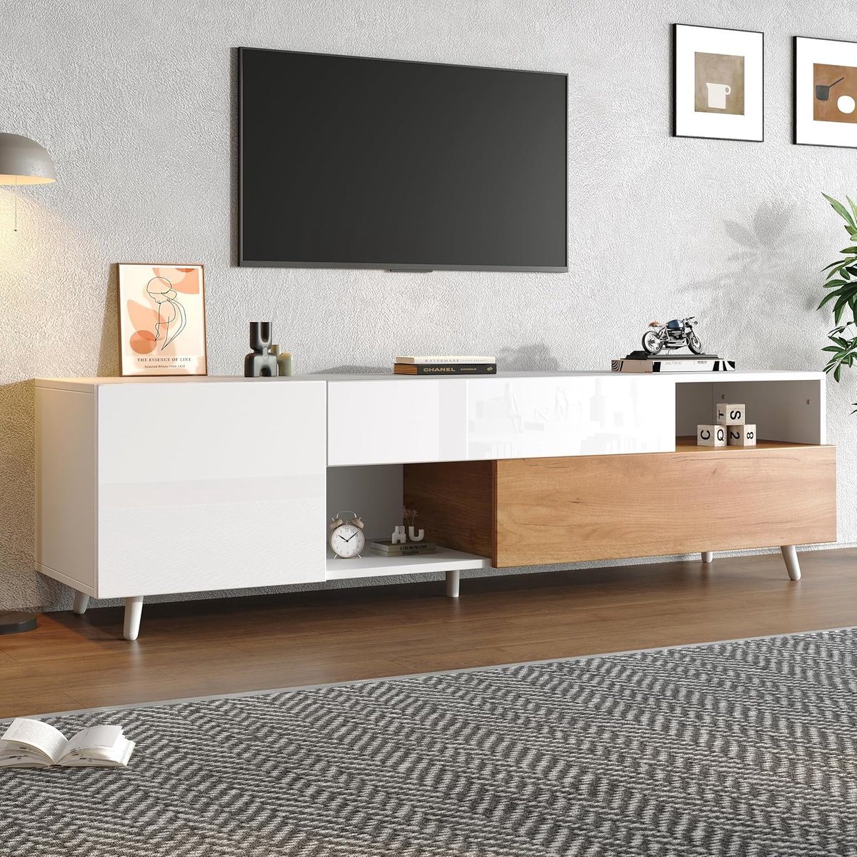 Tv-kast - Lowboard televisietafel - Woonkamer opbergen - Hoogglans afwerking - 180 cm breed - Wit en hout