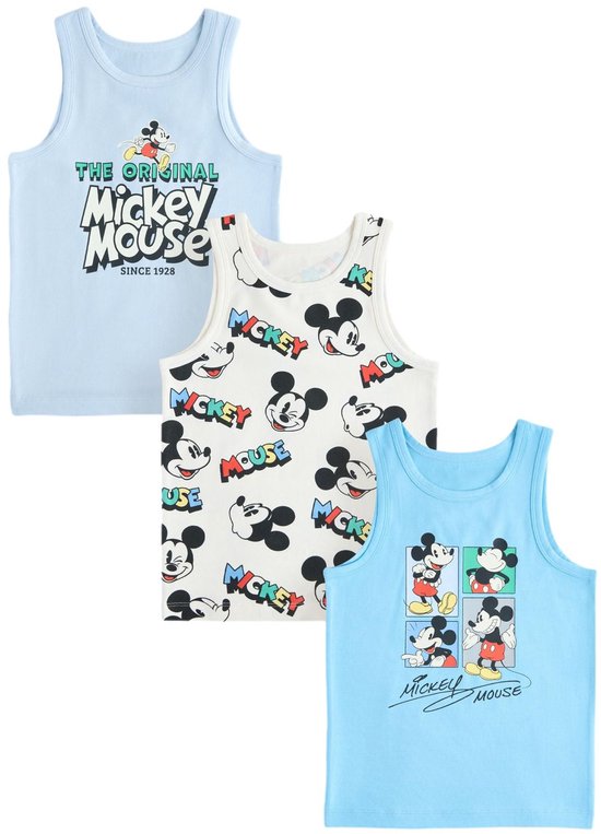 Set van drie tanktops: een lichtblauwe met Mickey Mouse in vierkante vakjes, een witte met Mickey-print en een lichtblauwe met 'The Original Mickey Mouse'.
