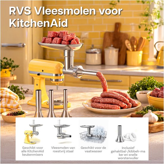 Vleesmolen-Opzetstuk RVS voor KitchenAid Standmixer - Opzetstuk voor Keukenhulp met 4 Maalschijven, 3 Worstbuizen, 2 Maalmessen & 1 Gehaktbalmaker - Vaatwasmachinebestendig - Van MMOBIEL van Merkloos — afbeelding 4