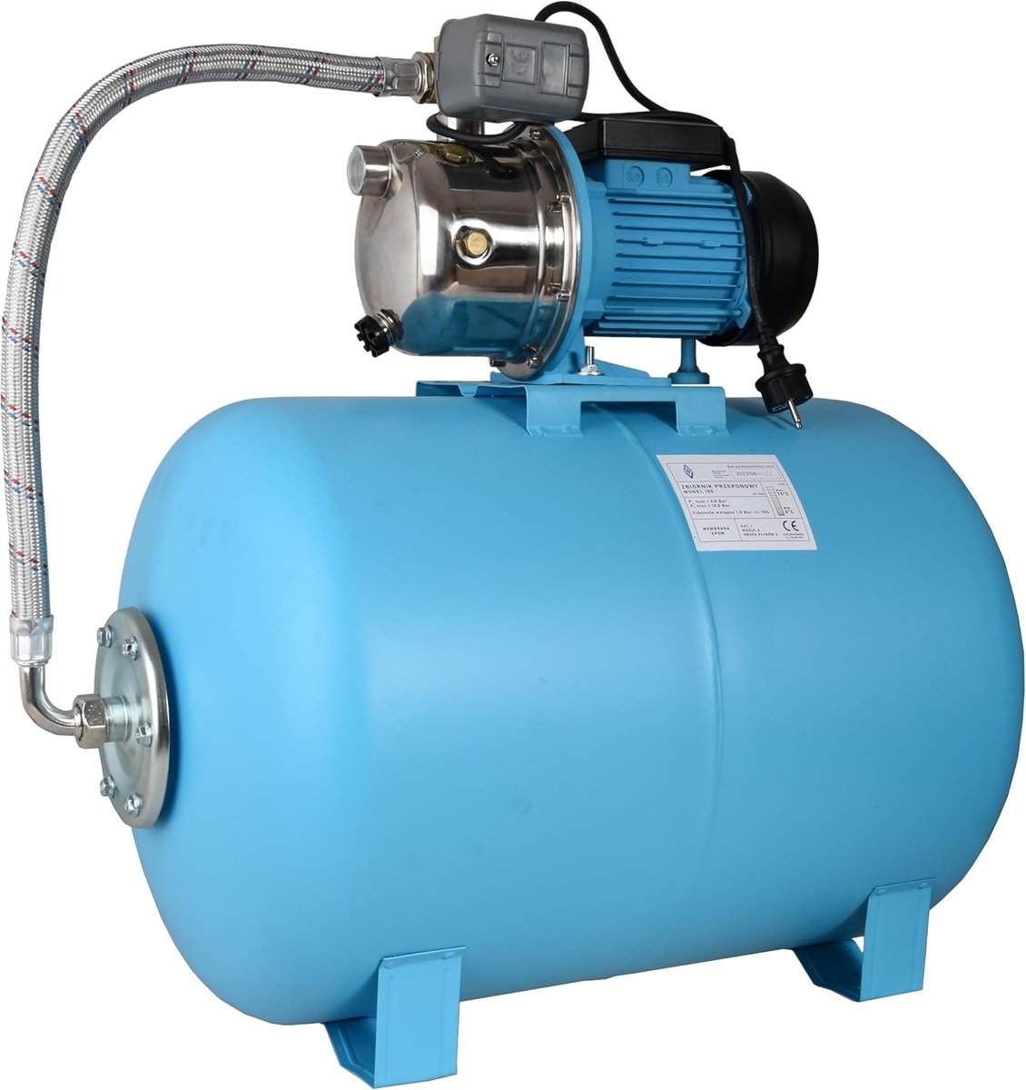 Huiswaterpomp met Drukvat - Hydrofoorpomp Drukverhoger - Watervoorziening Huis - Roestvrij Staal INOX - 3600 L/U 50M - Blauw