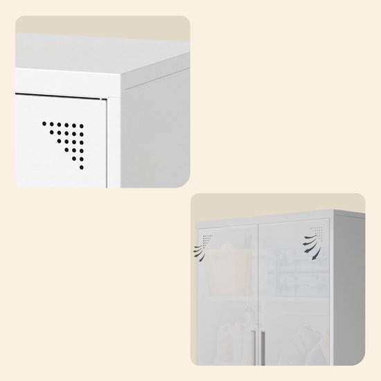 Detail van de witte metalen archiefkast met ventilatiegaten en decoratieve vleugels.
