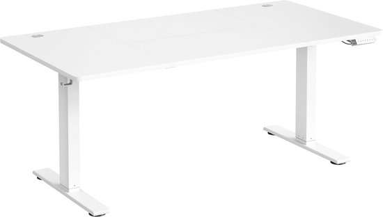 Bureau assis-debout électrique blanc avec deux pieds droits et un panneau de commande.