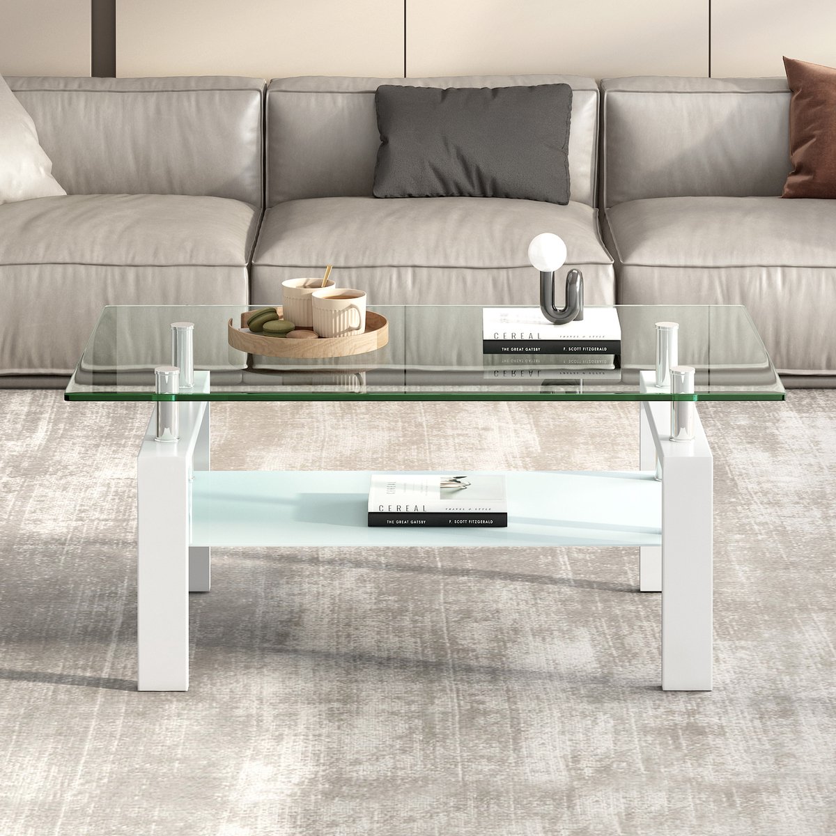 MODFU Salontafel - Tweelaags - Modern Ontwerp - Voor Woonkamer - Glas En Metaal - Wit - 100 X 60 X 44 Cm
