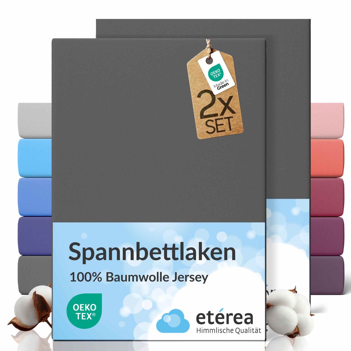 etérea Jersey hoeslaken 2-pack 80x200 cm (hoek 20 cm) 100% katoen - Antraciet
