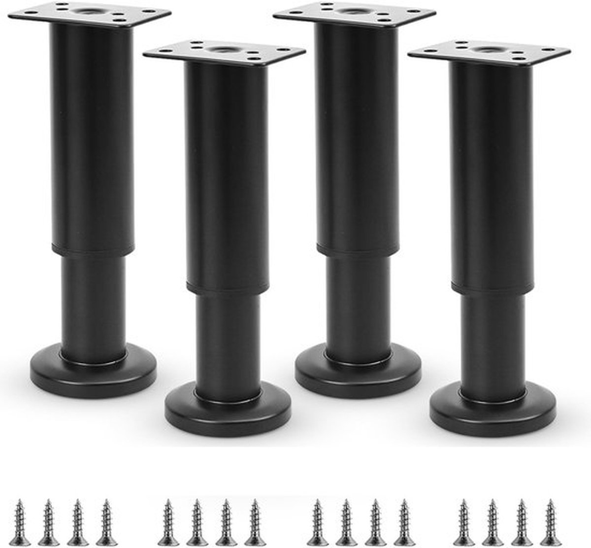 Set van 4 verstelbare meubelpoten, metaal 12-18 cm, zwart mat, poten voor meubels, in hoogte verstelbaar, voor bankpoten, bedpoten, kastpoten, universeel