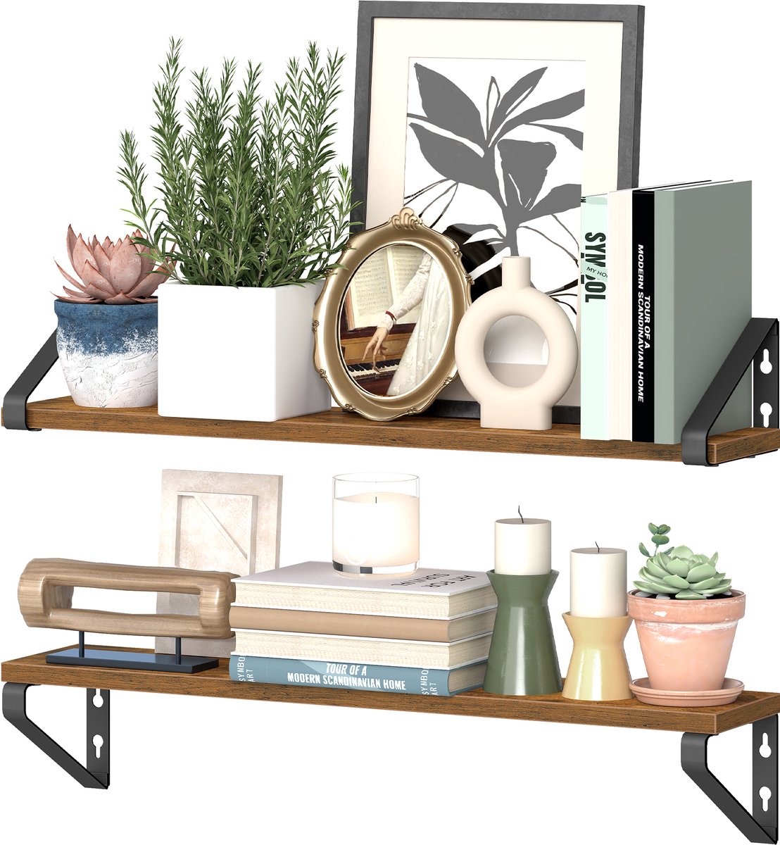Vasagle Wandplank - Zwevend Wandrek 2-delig - 2 Montageopties - Voor Woonkamer Keuken Badkamer Vintagebruin