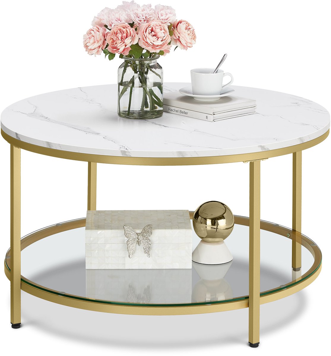 Vasagle Salontafel - Bijzettafel - Met Glazen Blad - Veel Opbergruimte - Eenvoudige Montage - Modern Design marmerwit - metallic goud
