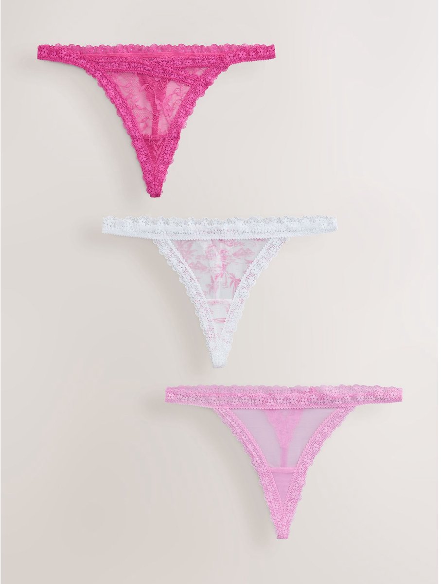 Next - Dames - Set van 3 G-strings van kant en mesh - Roze