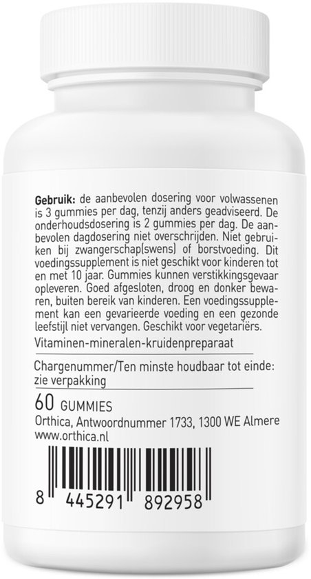 Achterkant van een ORTHICA Weerstand Gummies pot met gebruiksaanwijzing.