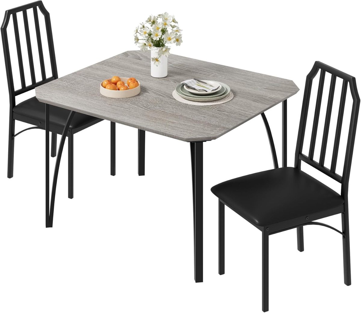 HOERFURIY 3-delige Eettafel Set voor 2 Personen - Compacte Keukentafel met 2 Gestoffeerde Stoelen - Industrieel Design - Hout en Metaal - 74x74x76 cm - Grijs