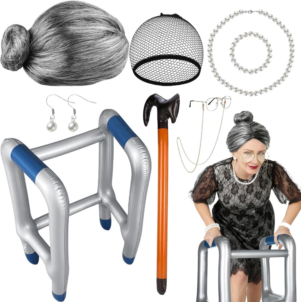 9-delige Kostuumset voor Grootmoeder met Opblaasbare Loopstok, Grijze Peruk en Accessoires voor Carnaval en Verjaardagsfeestjes