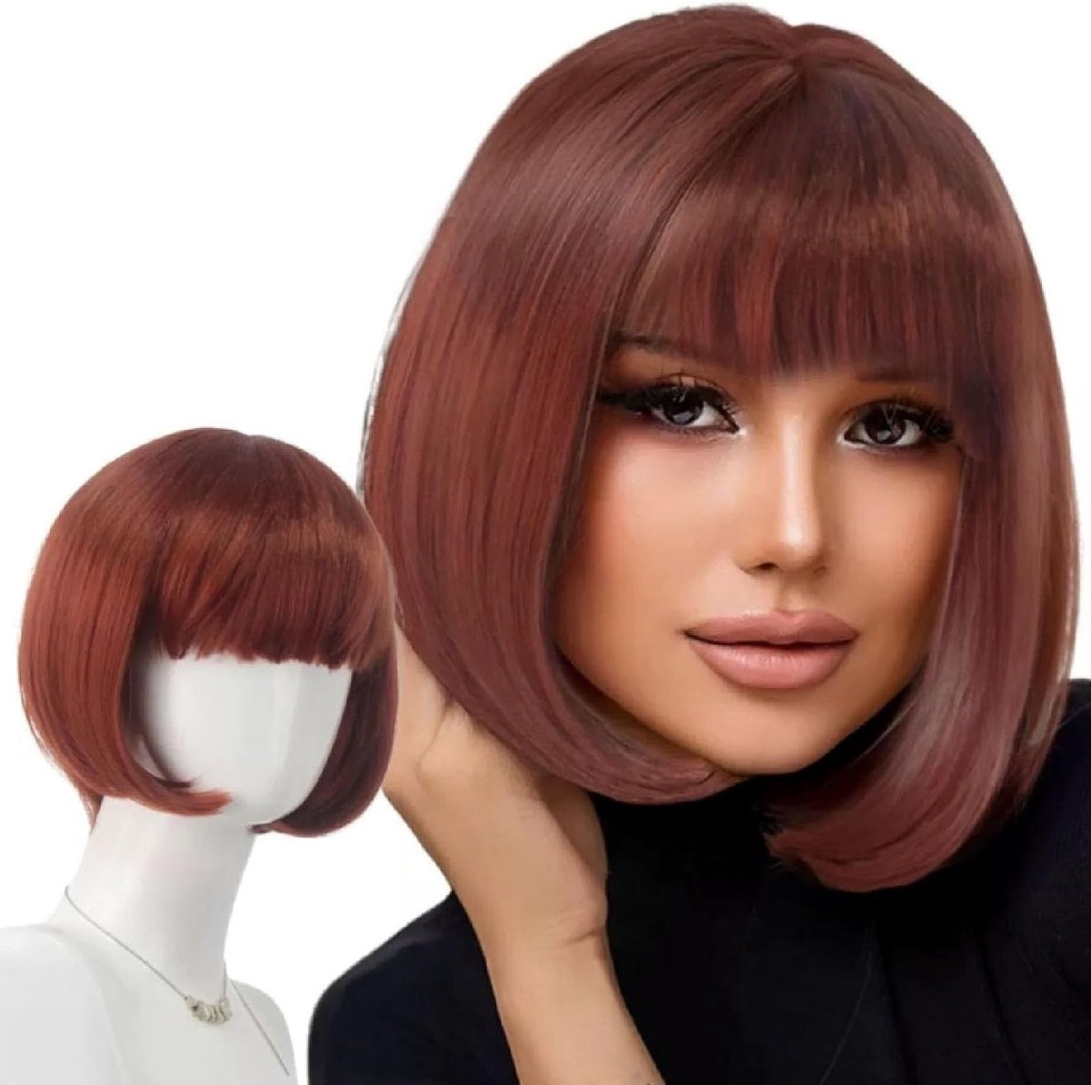 Korte Bruine Rechte Peruk met Pony voor Vrouwen - Perfect voor Carnaval, Cosplay en Feestjes