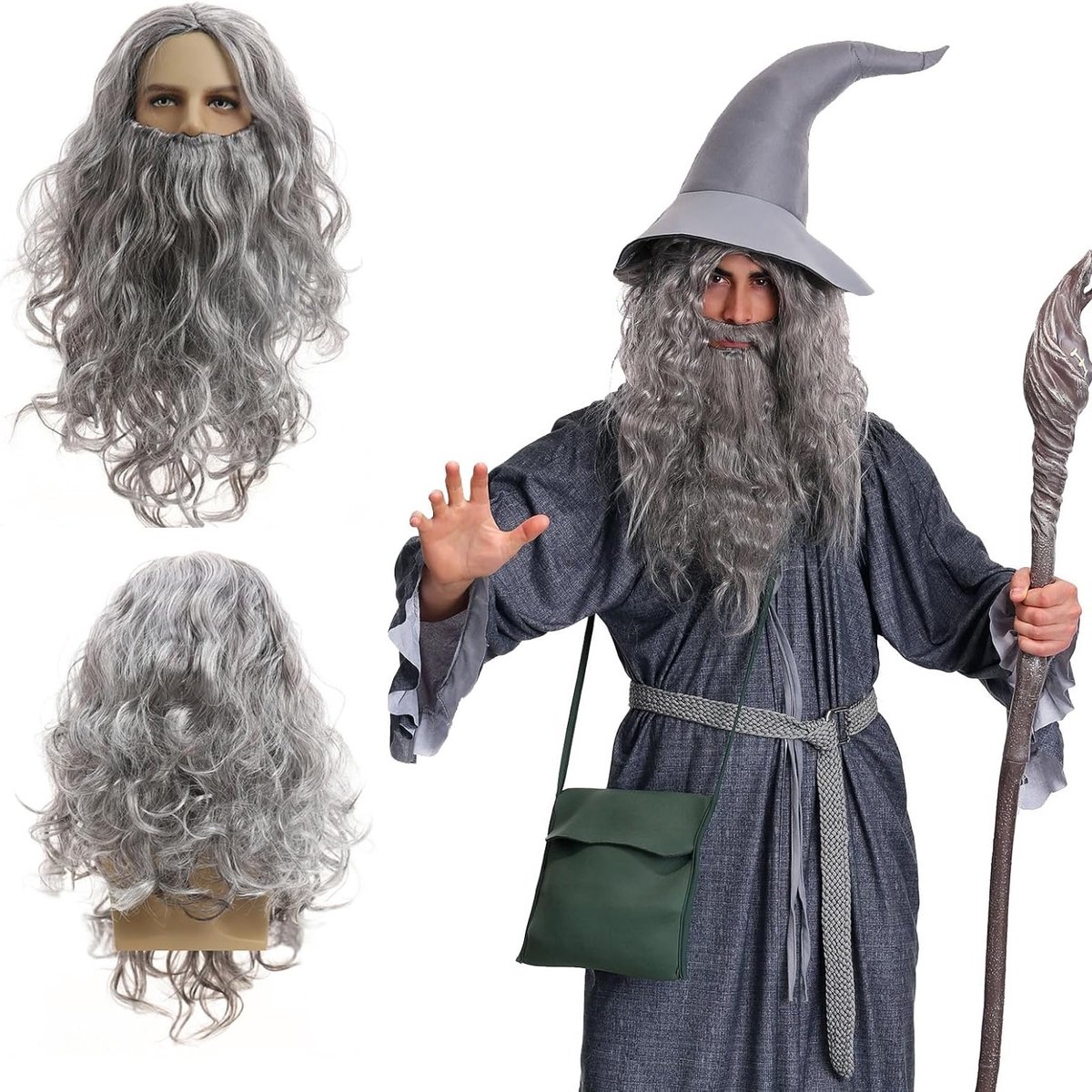 Langharige Grijze Peruc en Baard voor Mannen, Tovernaar Kostuum, Cosplay Accessoires voor Carnaval en Halloween