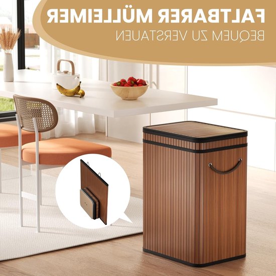 Afvalbak 80 Liter met Deksel van Bamboe voor Buiten, Thuis, Kantoor, Badkamer en Keuken - 40 x 30 x 60 cm (Premium Walnoot) — afbeelding 3