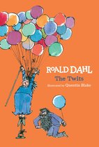 L'illustration pour 'The Twits' de Roald Dahl représente Monsieur et Madame Twit. Madame Twit flotte, attachée à un bouquet de ballons colorés. Monsieur Twit se traîne derrière elle avec un seul ballon.