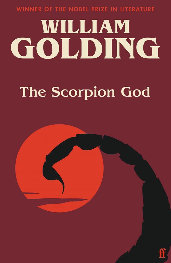 Boekomslag van William Golding's 'The Scorpion God'. Donkerrode achtergrond met een felrode cirkel en een zwarte schorpioenstaart.