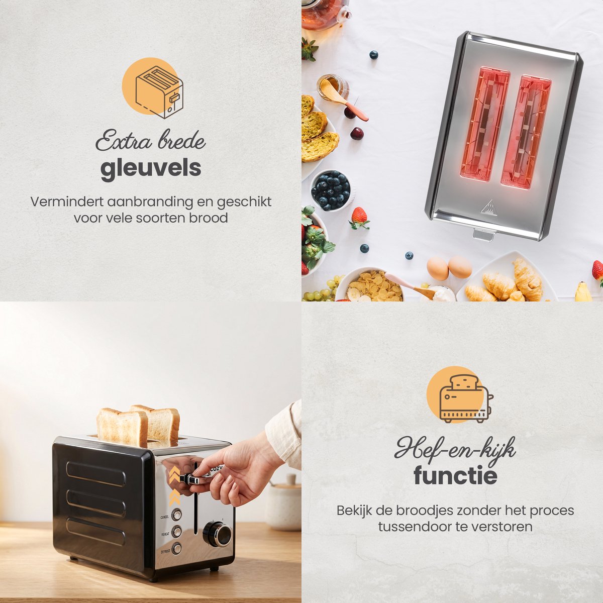 cozy.® Metalen Broodrooster met Tostiklemmen - Tosti Apparaat 815W - Retro Tosti Ijzer & Toaster - Brede Sleuven & 6 Standen - Ontdooi & Verwarm functie - Inclusief E-book - Broodrooster Zwart thumbnail 6