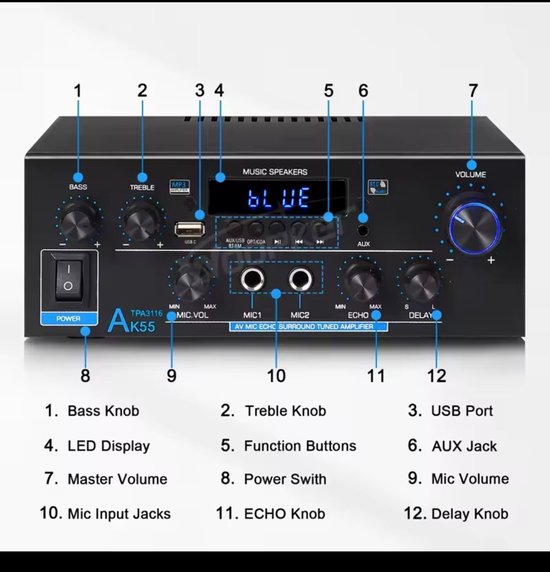 HIFI Bluetooth Power Amplifier | 900W | Digitale Versterker | Stereo Surround | Mediaspeler | Karaoke — afbeelding 2