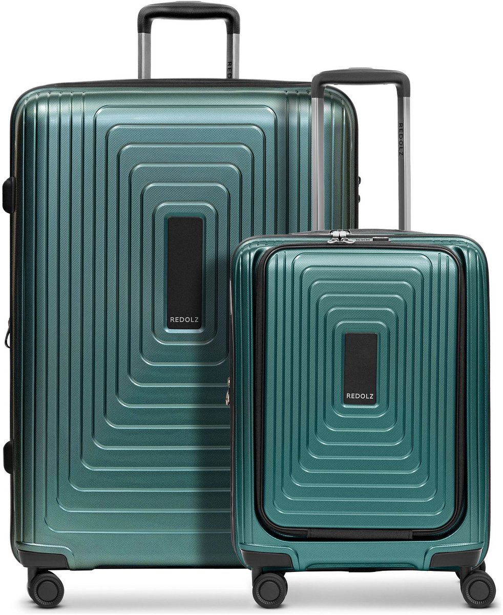 Redolz Essentials 14 4-wiel kofferset 2 stuks laptopvak met rekbare vouw - Harde bagage - TSA slot - pearl-green metallic