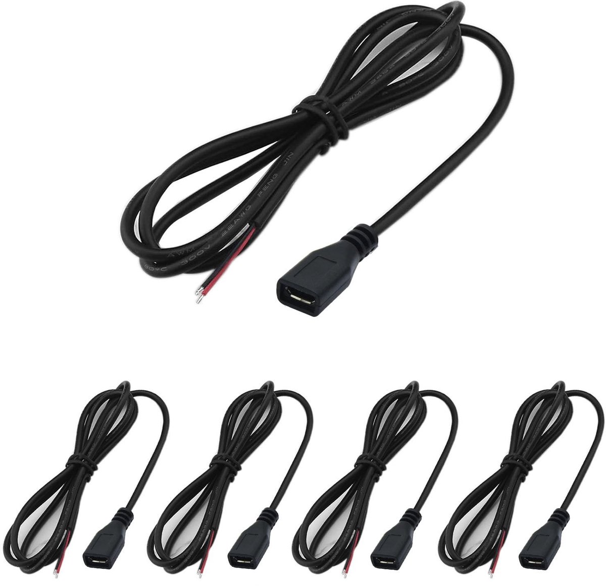Dailygoody - 5x Micro USB Pigtail Kabel 100cm - 22AWG 3A - DIY Connector