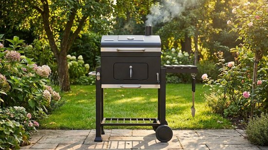 Houtskool BBQ Grillwagen XL - Smoker Barbecue met Deksel & Thermometer - 56x41,5 cm Houtskoolgrill met Warmhoudrooster, Wielen, Spiesen & Zijtafel - Buiten BBQ voor Tuin & Camping - Zwart - House&Garden — afbeelding 4