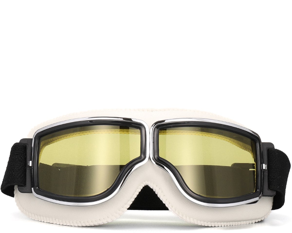 KIMU® Goggles Motorbril Skibril - Bril Wit Montuur - Gele Glazen - Leatherlook Pilotenbril Vintage Motor Retro Steampunk Lederen Heren Festival