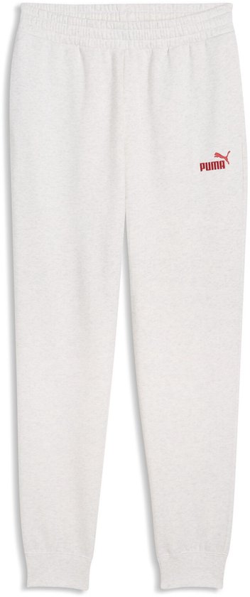 Lichtgrijze joggingbroek met elastische tailleband, manchetten en rood Puma-logo.