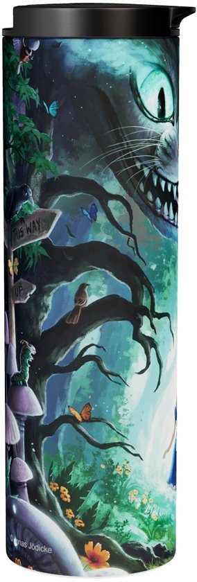 Thermosbeker met Alice in Wonderland thema, met Cheshire Cat, borden en paddenstoelen in een magisch bos.