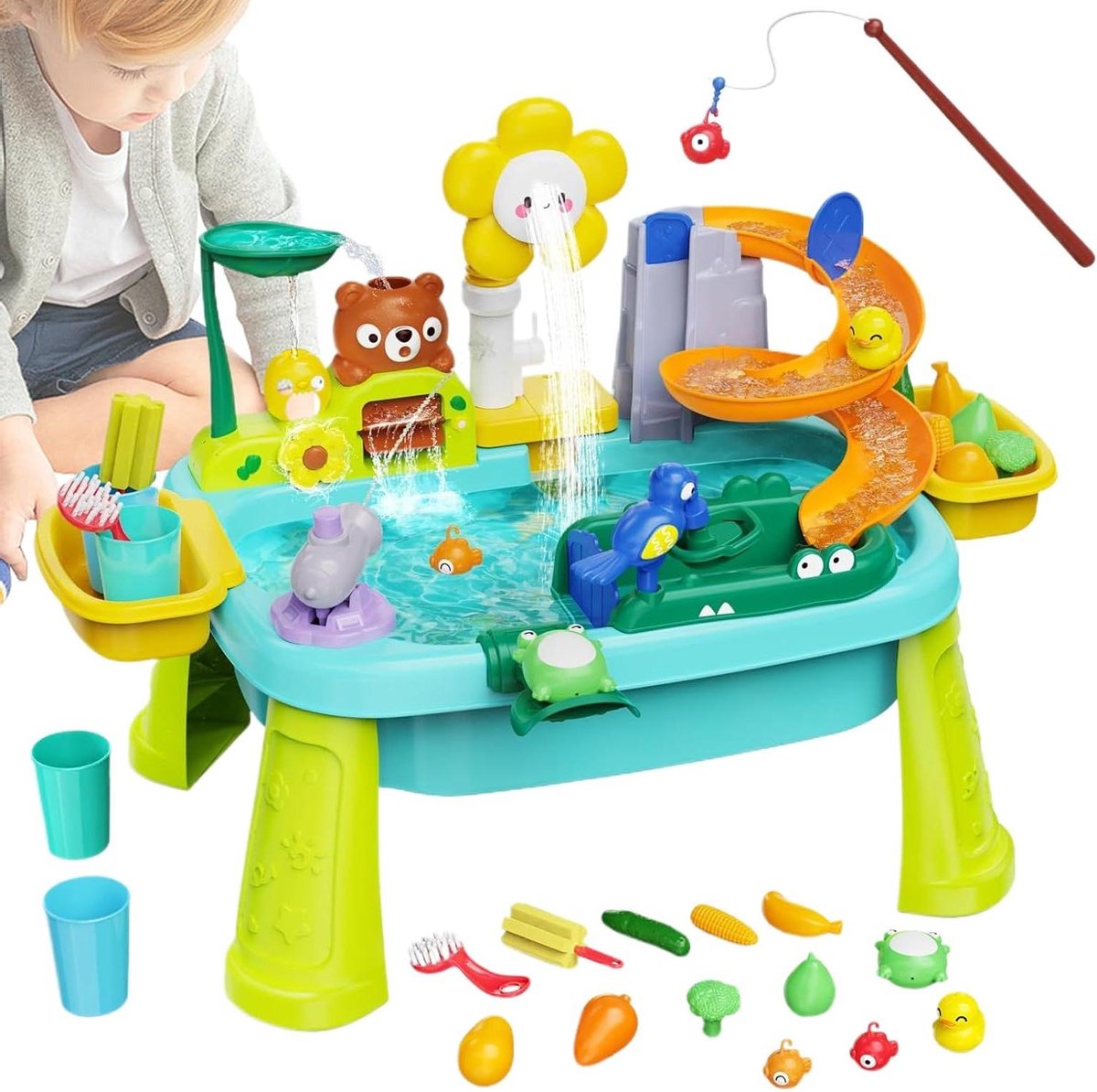 Water Zandtafel - Speeltafel Buiten - Actief Leren Spelen - Regenfunctie Batterijpomp - 45 x 15 x 43.5 cm - Groen