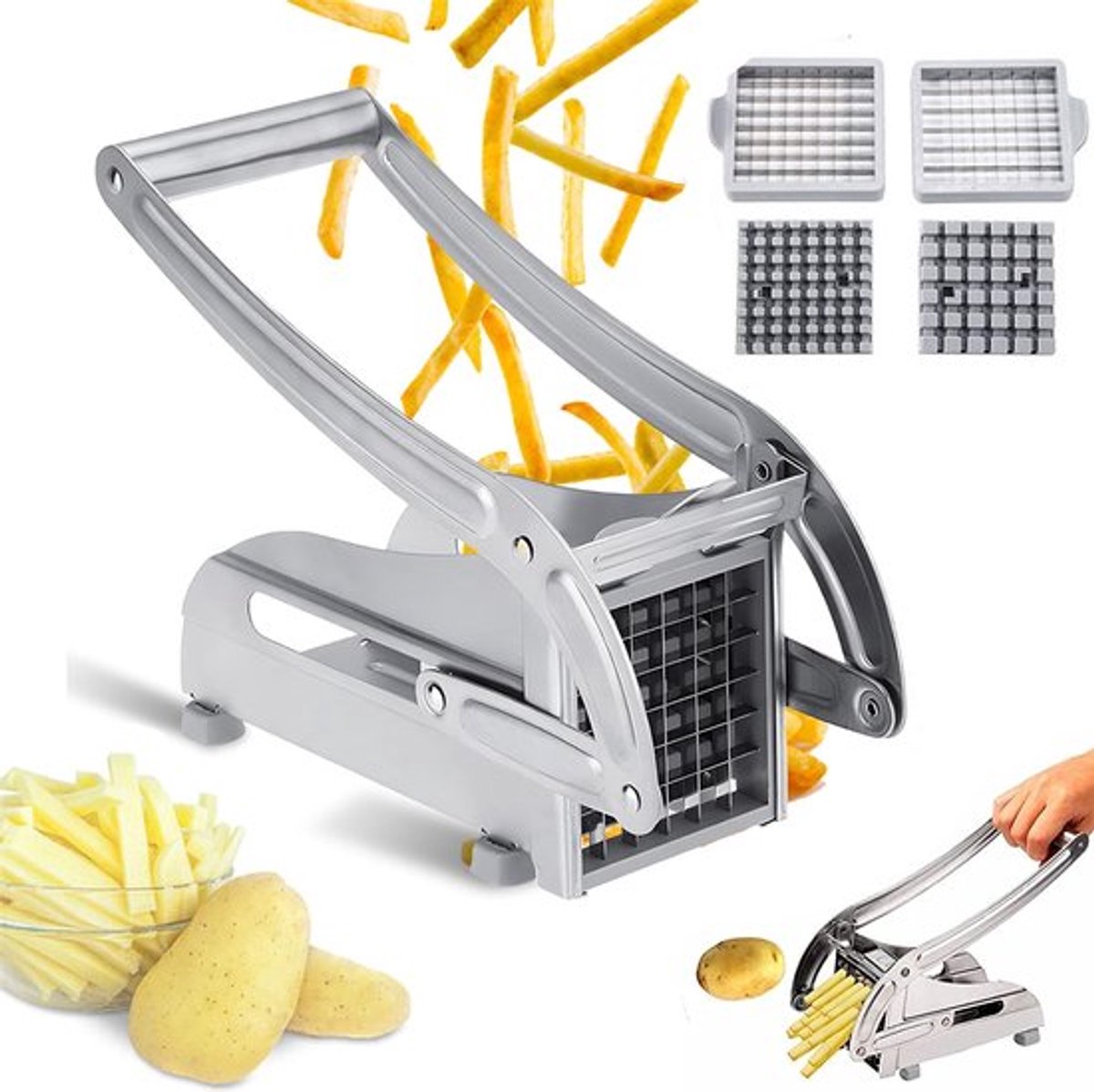Frietsnijder - Aardappelsnijder - Groentesnijder - 2 Inzetstukken - Antislip Rubberen Basis - Vaatwasmachinebestendig - Met Soft-Touch-Hendel - Moeiteloze Groentesticks - 9 en 12 mm - Roestvrijstalen - Robuust - Professioneel