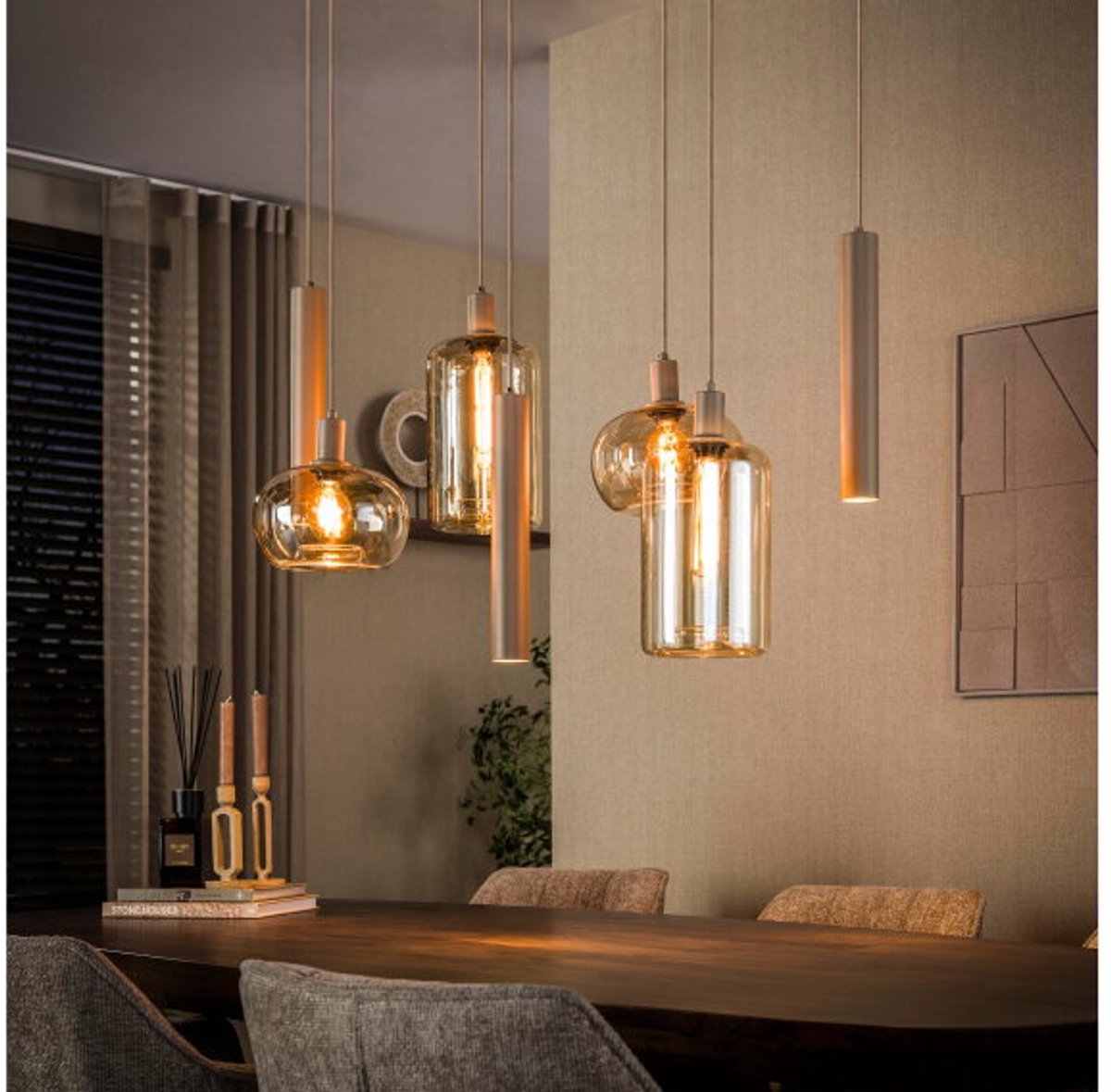 Hanglamp Amara 7 lampen - beige - amber glas - 110x45x150 cm