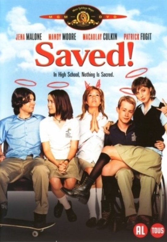 Filmcover 'Saved!' met vijf tieners, waaronder een meisje met diabolische hoorns en een jongen in rolstoel.