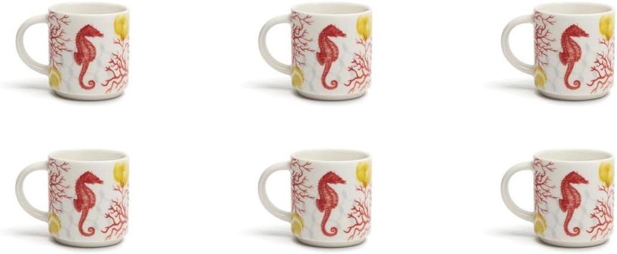 Koffiekopjes Set - Espresso Kopjes - Koffie Drinken - Zeepaardje Koraal Motief - 10 cl - Wit Rood Geel