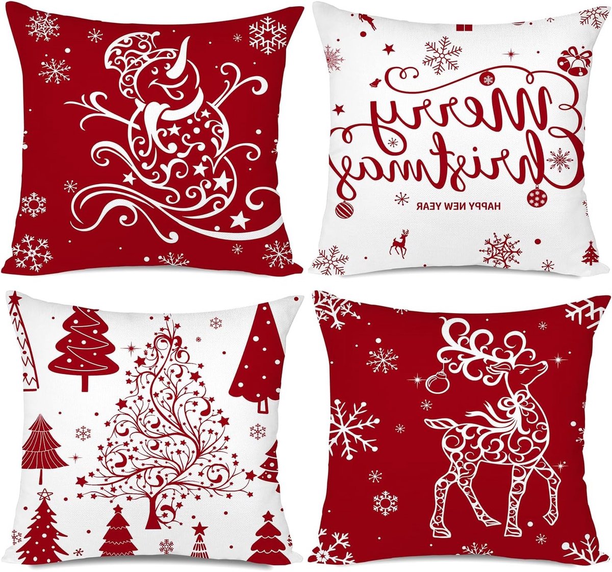 Kerst Kussenhoezen 45x45 cm Set van 4 met Kerstbomen, Herten en Sneeuwpoppen voor Feestelijke Decoratie en Cadeaus