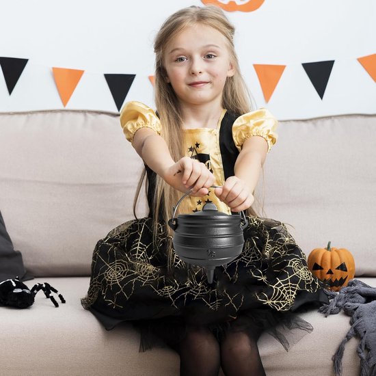 Gietijzeren Ketel - Heksenketel Decoratie - Halloween Versiering - Met Deksel en Poten - 10cm Diameter - Zwart — afbeelding 2