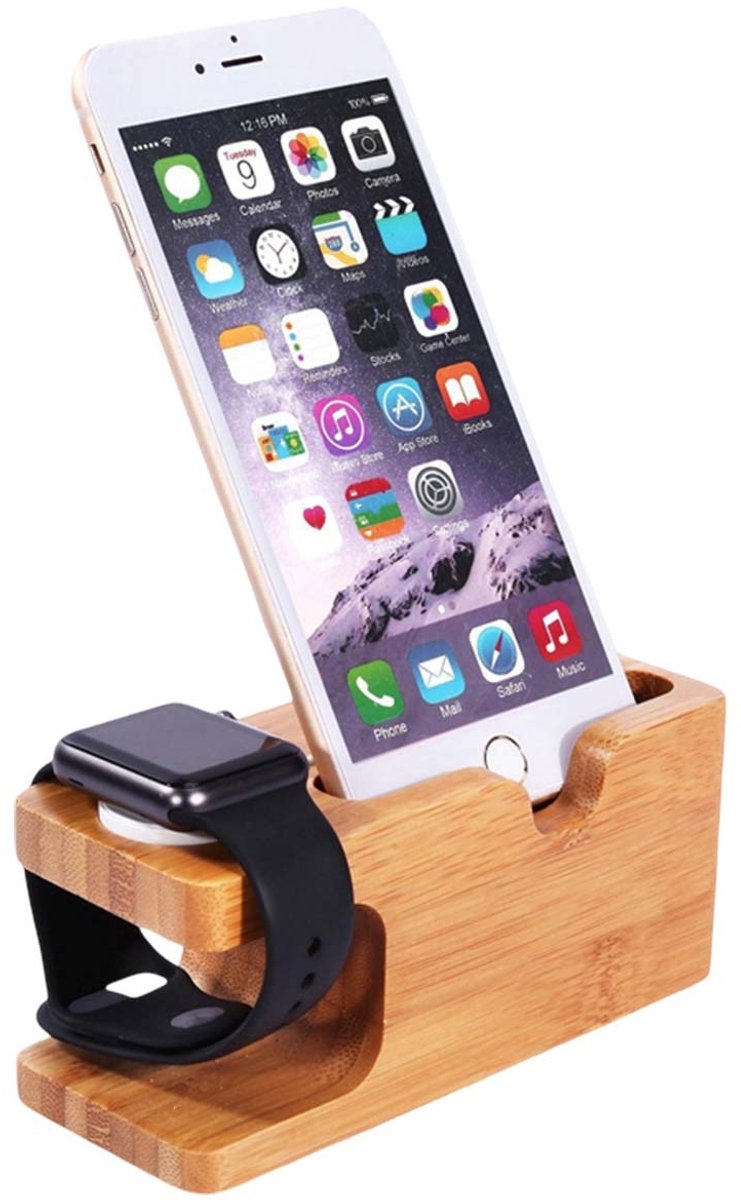 Eko, Oplaadstandaard voor Apple Watch en Geschikt voor Apple iPhone 2 in 1 in Bamboe, Geel