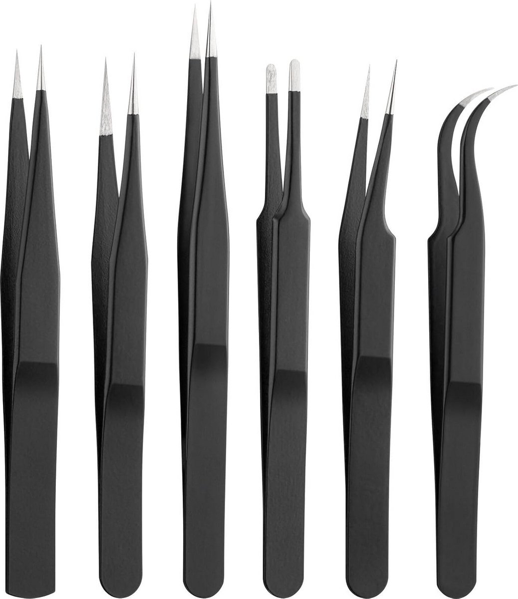 Pincet Set - Precisie Tangen - Precisiewerk - Antistatische Coating - 6 Delig - Zilver