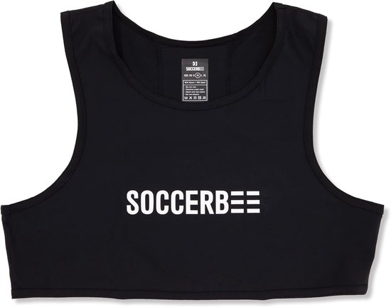 Brassière de sport noire avec le logo "SOCCERBEE" sur la poitrine et étiquette de taille.