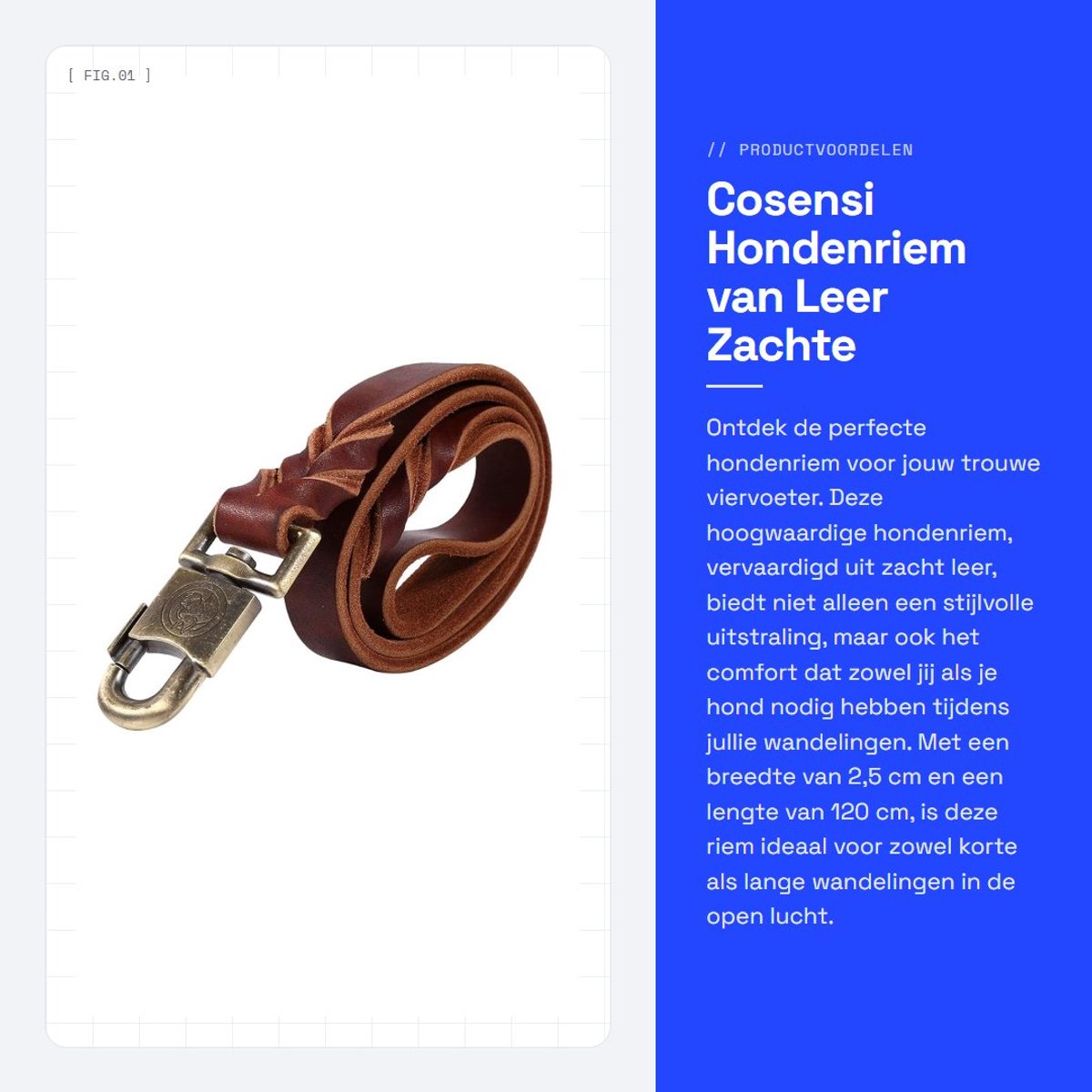 Dailygoods- Hondenriem van leer - Hondenriem 2,5 cm breed - Hondenriem 120 cm lengte - Duurzaam - Metalen clip - Modieus design - Hondentuig