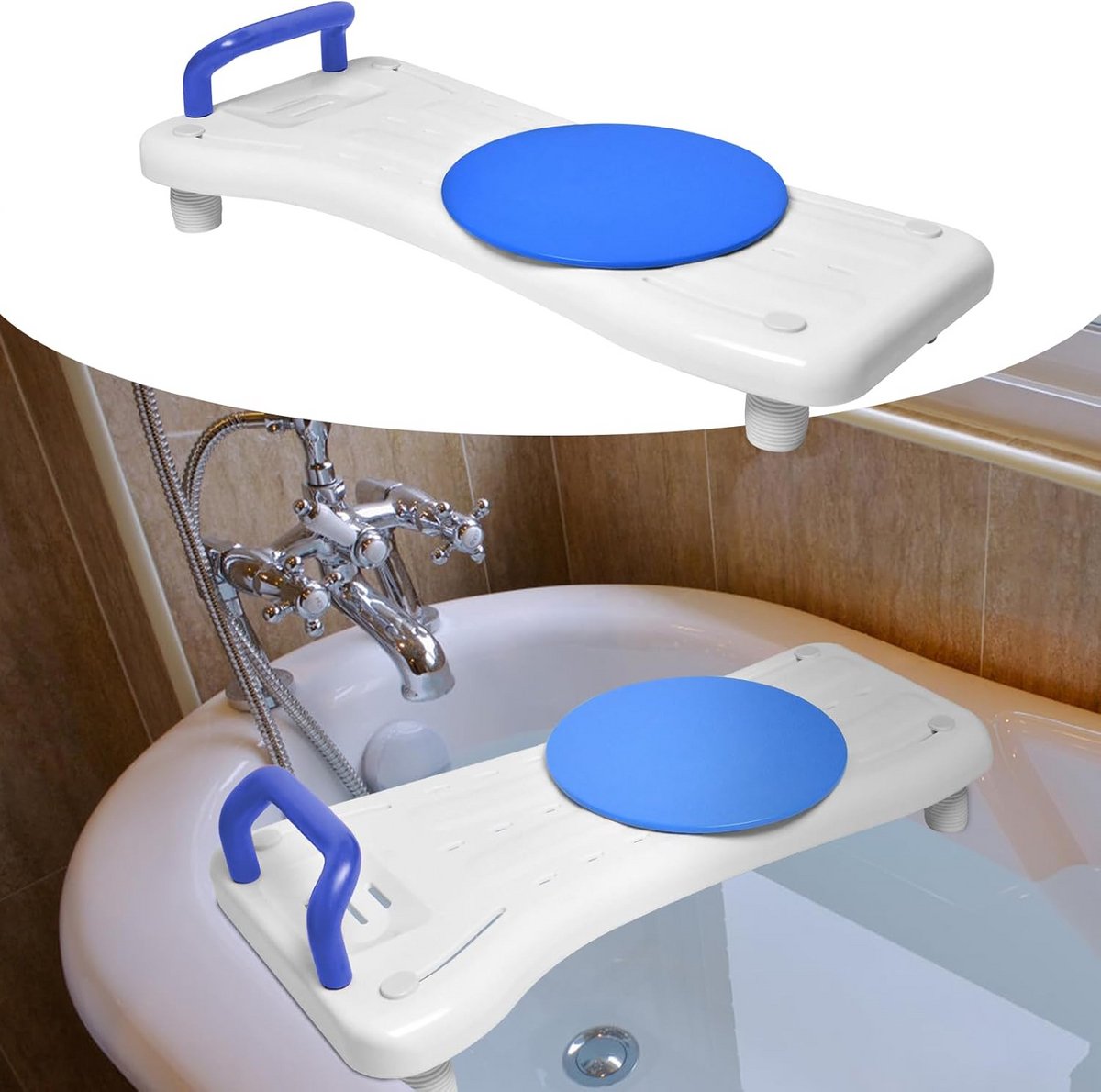 Badplank met draaischijf - Badzitje douche - Veilig douchen - 360 graden draaibaar - 41-63 cm verstelbaar - Blauw en wit